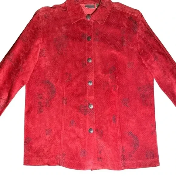 CHICO'S Leather Suede Shirt Jacket Womens Size 1 (Medium) Red Black Asian Print - Picture 3 of 8